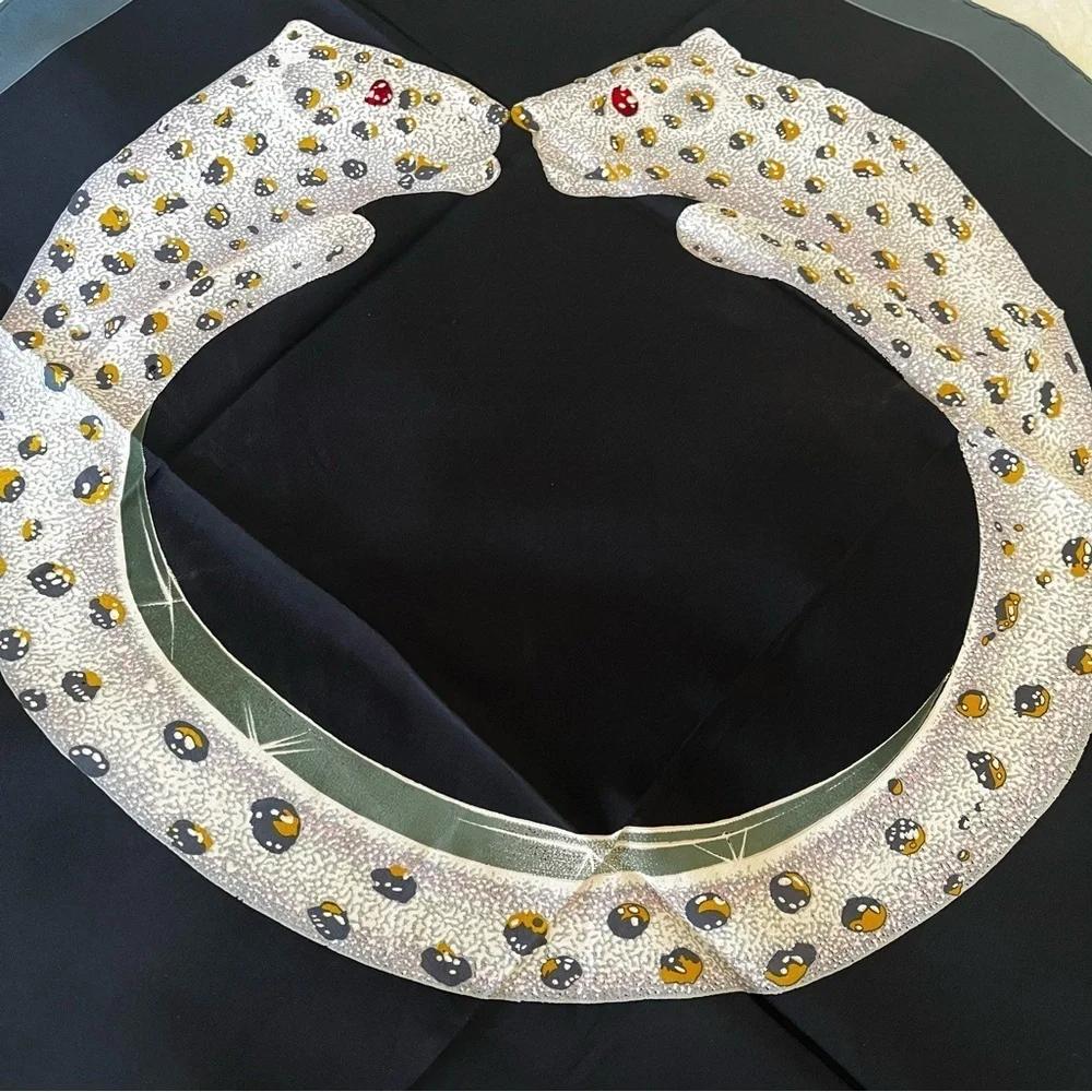 Cartier Jeweled Panther Silk Scarf Black Twill, with Box Vintage 1980s